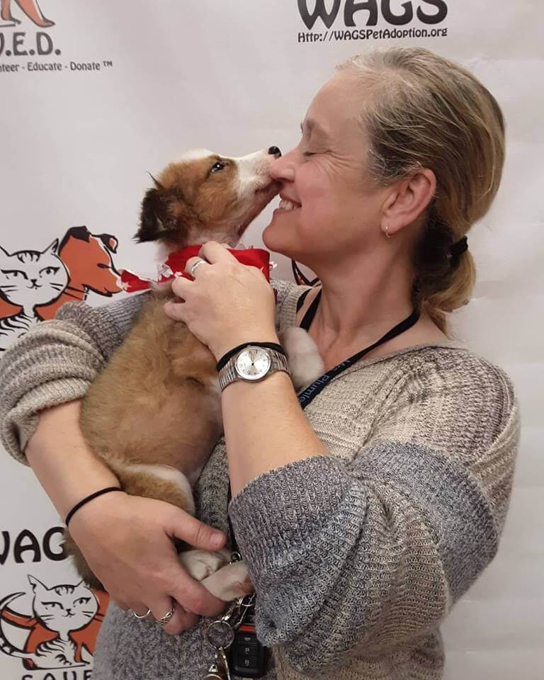 sweet dog and her new owner adopt WAGS