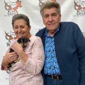 couple with formal wear adopted black puppy